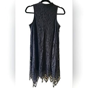 Love Fire Black Soft Lace Tank Dress Mock Neck Asymmetrical Lace Crochet